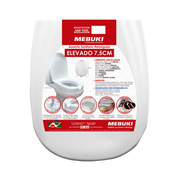 Assento Sanitário Elevado Retangular Mebuki - 7,5cm